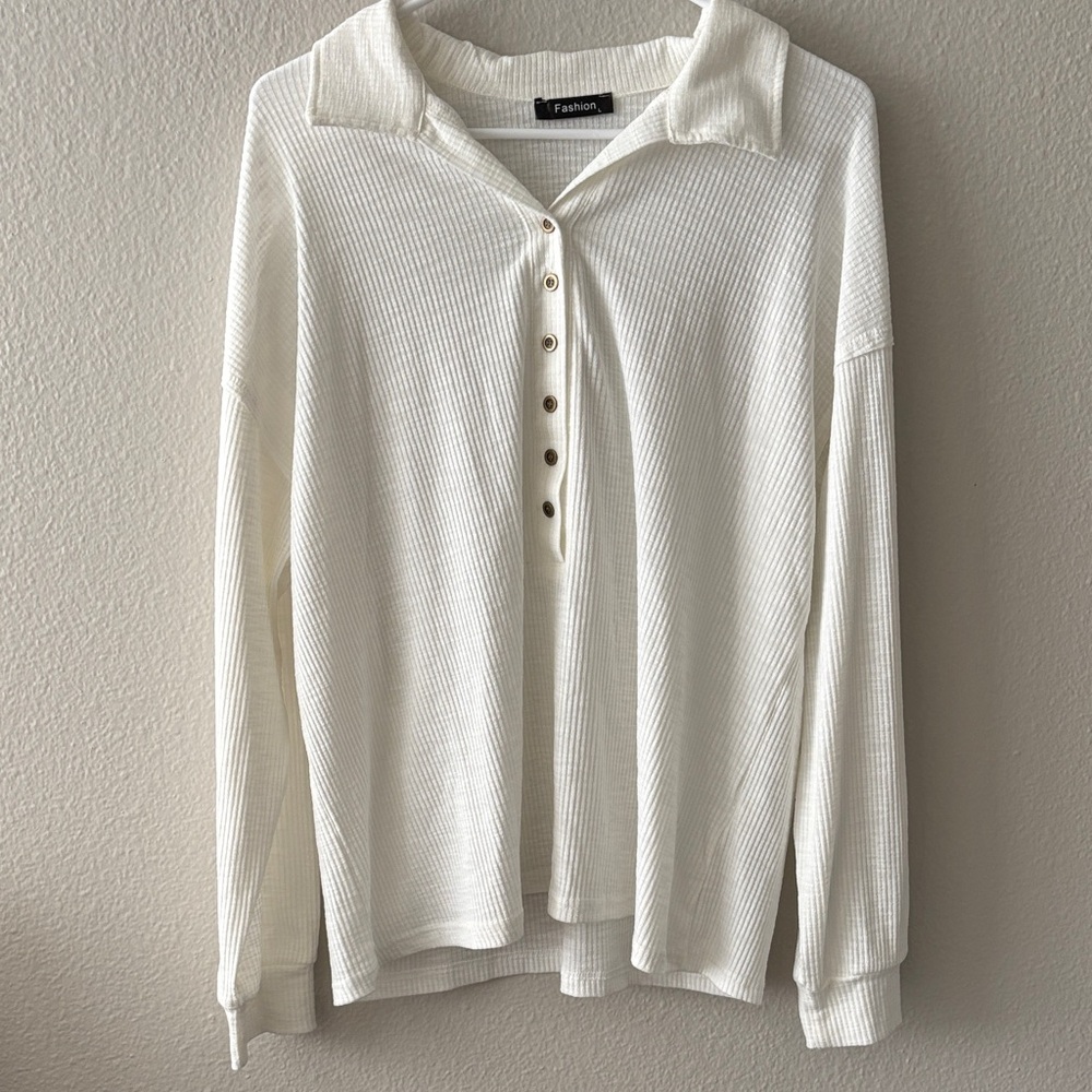 White Ribbed Long Sleeve Shirt